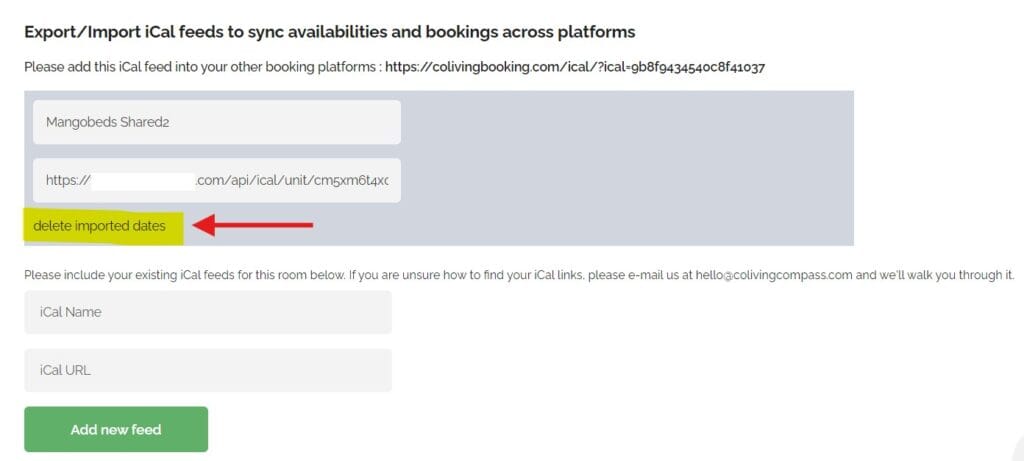 A web page shows fields to import an iCal feed, a yellow delete imported dates link, and forms to enter iCal Name and URL for syncing bookings across platforms.